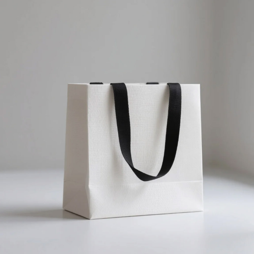White textured paper gift bag with black grosgrain ribbon handles, featuring a minimalist and elegant design.