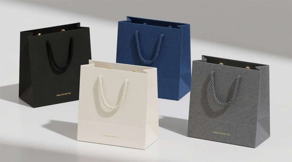 Four minimalist custom paper gift bags in black, ivory, navy blue, and gray, with twisted cotton rope handles.