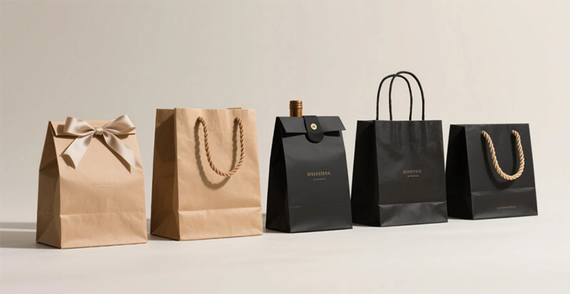 A lineup of kraft paper bags in natural and black tones, featuring twisted handles, ribbon bows, and a custom wine bag design.