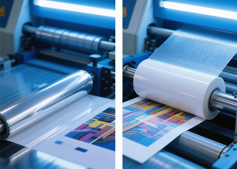 two paper lamination machines applying glossy and matte films to printed sheets during the finishing process.