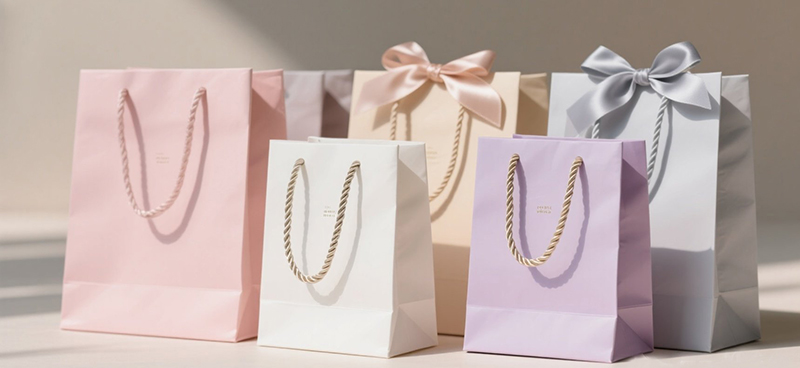 Matte laminated coated paper bags in pastel colors with rope handles and ribbon bows, arranged in soft lighting.