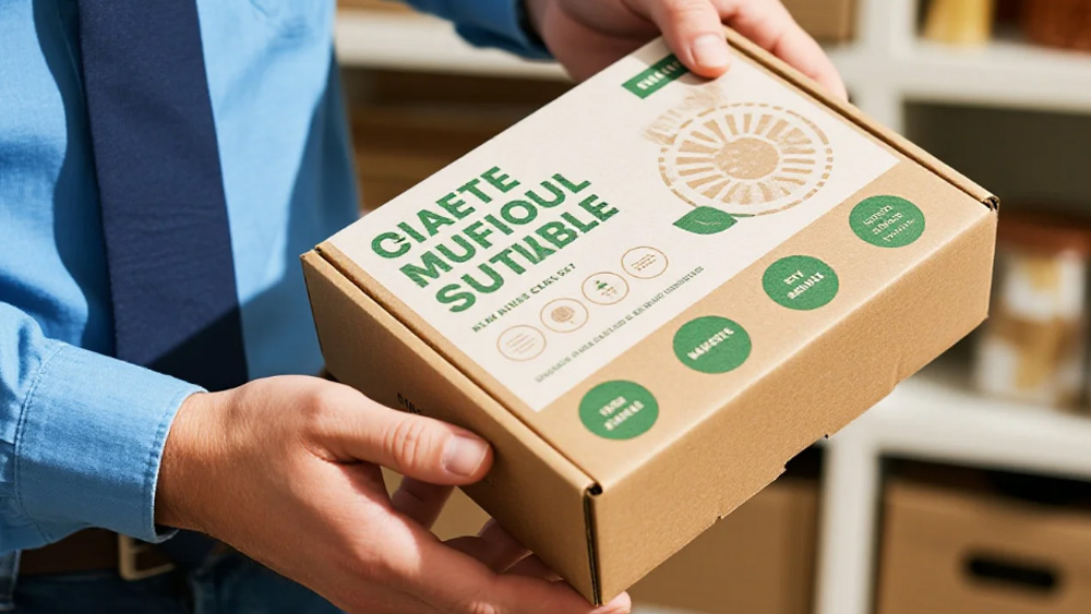 corrugated cardboard box printed with water-based ink, showcasing eco-friendly packaging design with green icons and text