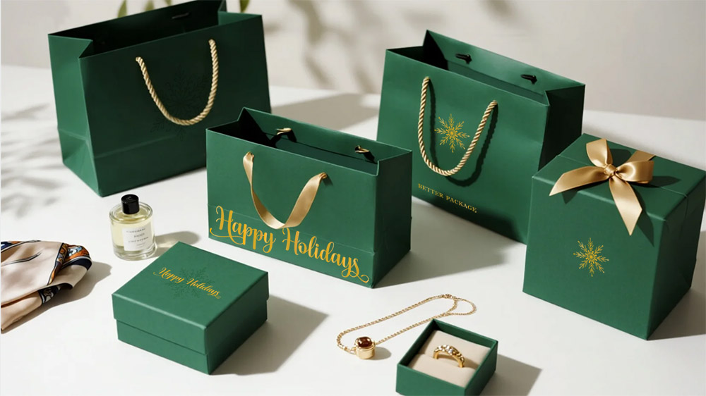Luxury green custom Christmas paper bags with gold foil stamping and ribbon handles, ideal for gift packaging