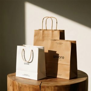 Three eco-friendly custom paper bags, including a white bag with cotton handles and two kraft bags with twisted paper handles, displayed on a wooden stool in natural sunlight.