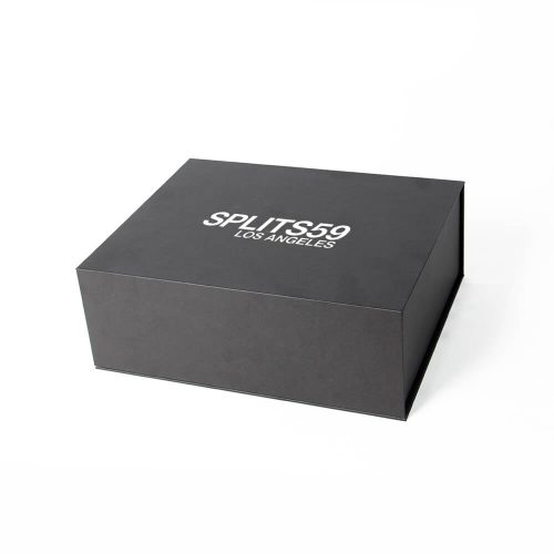 Custom black collapsible rigid box with white logo printing and magnetic closure, luxury packaging design for fashion and gift products