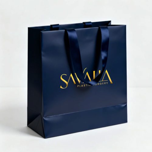 Luxury navy blue paper bag with gold foil logo and ribbon handles for beauty and fashion brands