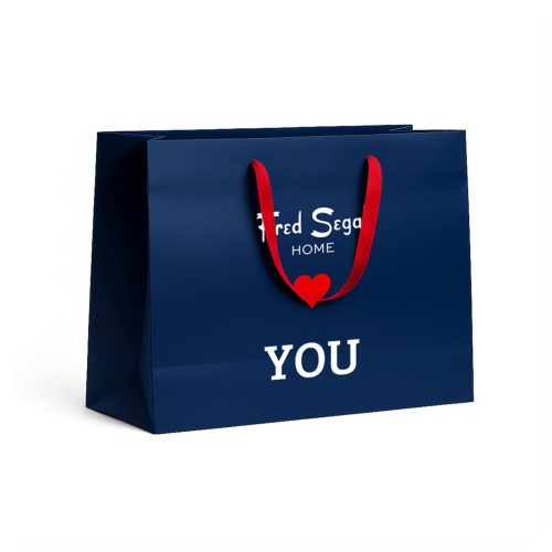 Navy blue apparel paper gift bag with red ribbon handles, inside and outside printed.