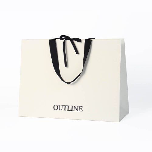 Embossed Paper Gift Bag with Gift Ribon Closure and bold hot foil stamping logo