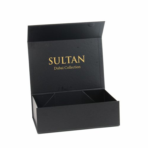 Black collapsible gift box with a gold logo text, magnetic closure, and easy for transportation