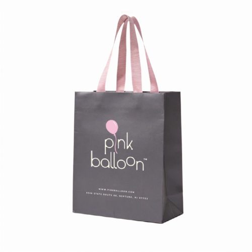 Custom luxury gift bag with pink ribbon handles, grey matte laminated paper bag with logo printing