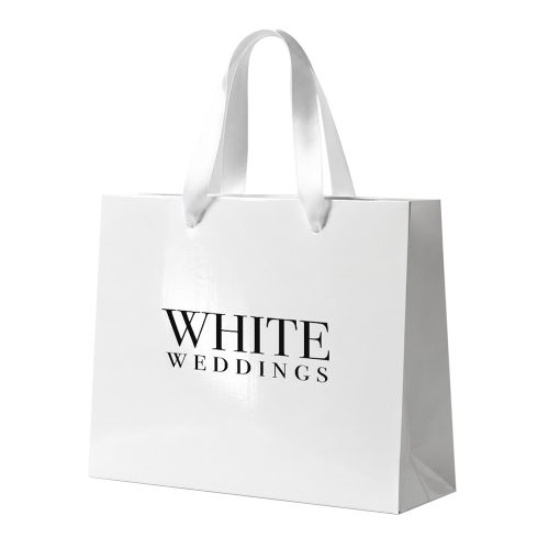 Custom glossy white paper bags with black logo and white satin ribbon handles